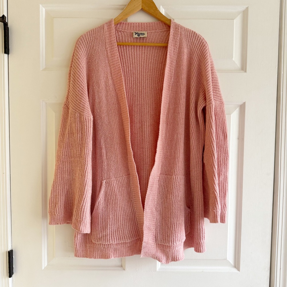 Mumu Pink Knit Open Cardigan Pink Knit Bell Sleeve Pockets Small Oversized Cozy